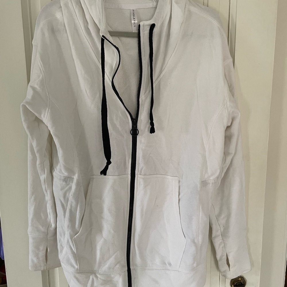 Fabletics White Hooded Zip Jacket with Black Trim